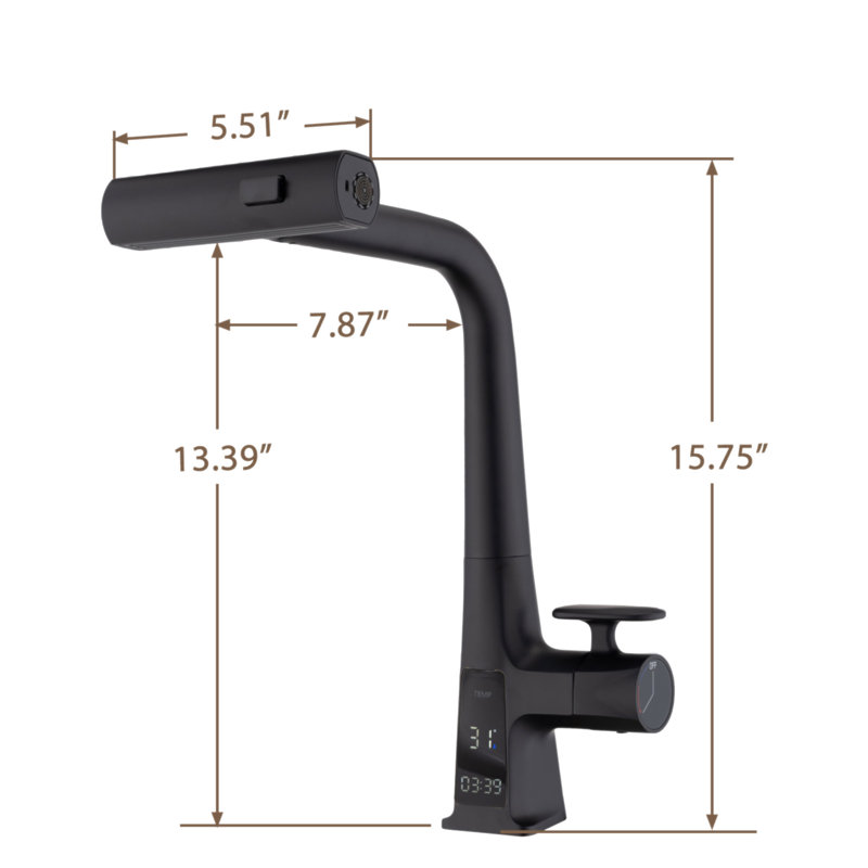 Robinet de cuisine avec affichage de la température, robinet de cuisine à poignée simple avec douchette rétractable, robinet d'évier de cuisine moderne, trois modes de sortie d'eau