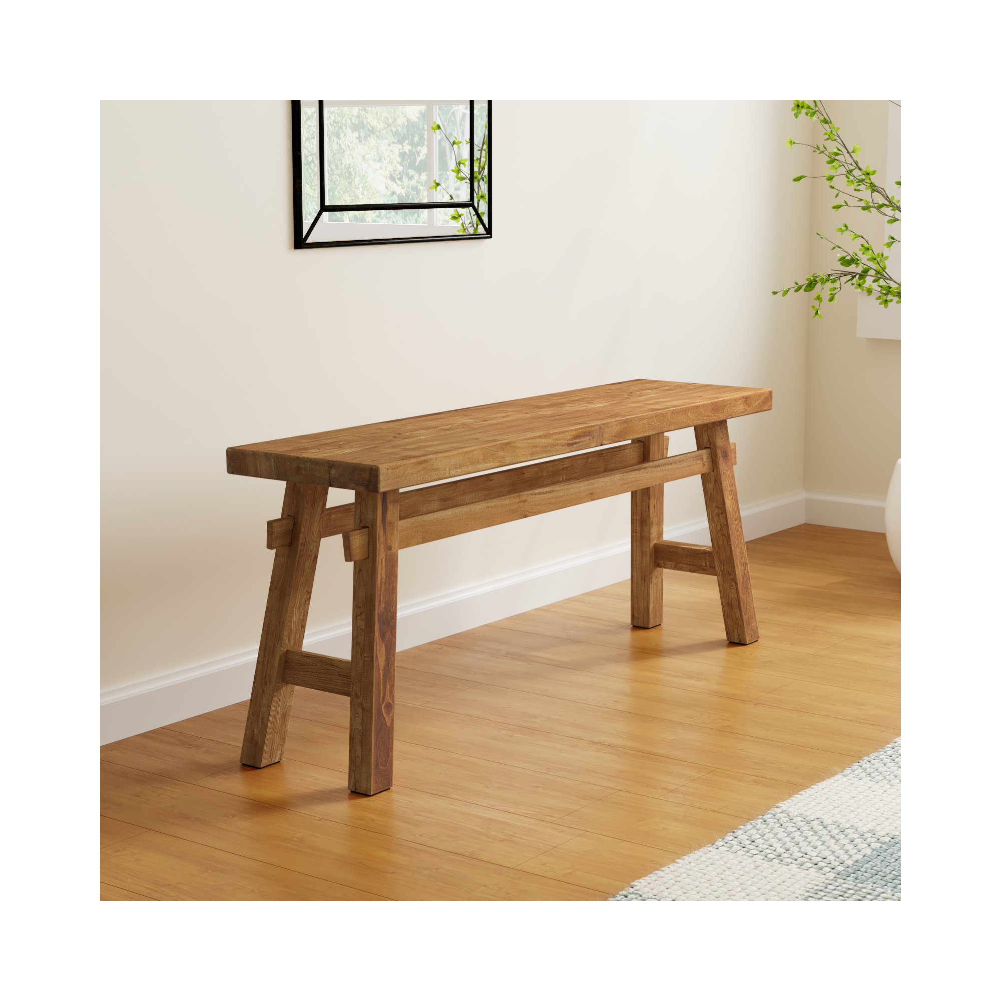 Milani Brown Wood Handmade Distressed Bench with High Trestle Legs 47" x 12" x 21"