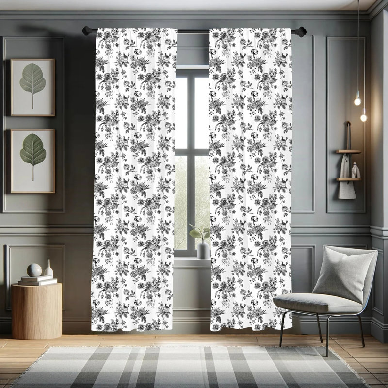 Vintage Floral Black and White Microfiber Curtain Set, 56" x 95"