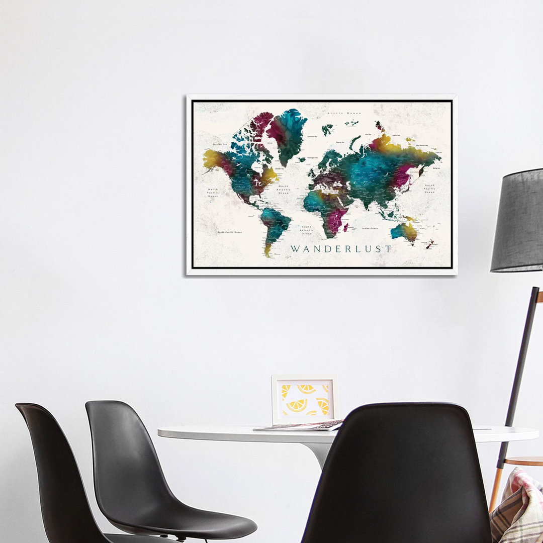 Wanderlust Charleena Detaillierte Aquarell-Weltkarte mit Städten von Blursbyai - Galerie-verpackte Leinwand Giclée auf L...