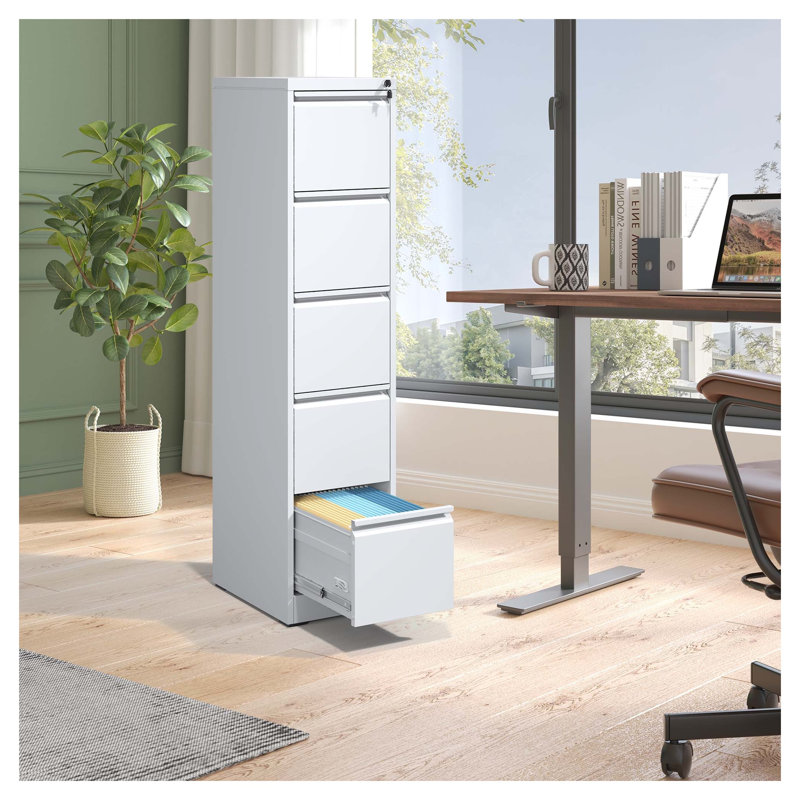 5-Drawer Vertical Metal File Cabinet with Lock, White Office Storage Tower