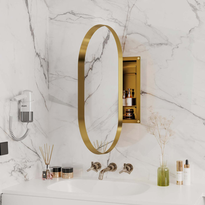 Armoire de salle de bain polyvalente avec cadre en métal avec miroir et tablettes réglables pour le rangement, Doré
