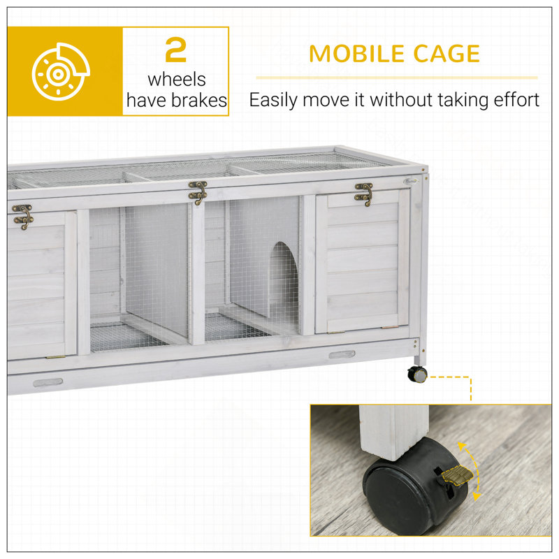 Cage en bois avec roulettes, cloisons, toit ouvrable, plateaux amovibles pour l'intérieur et l'extérieur, convient pour 1 à 2 lapins