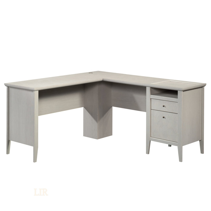 Bureau en L avec finition blanche, surface spacieuse et rangement organisé pour une installation de bureau à domicile efficace