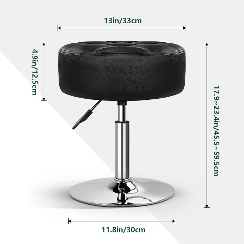 Tabouret de coiffeuse noir en polyuréthane rond de 4,9 pouces avec repose-pieds pivotant à hauteur ajustable pour salon, salon et petite salle de bain