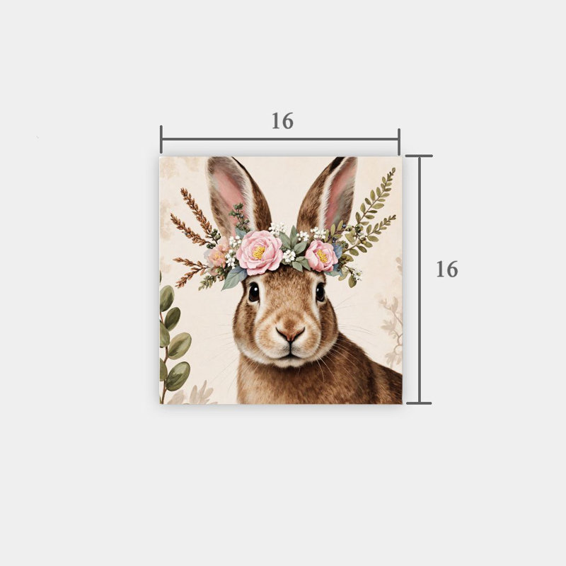 Lapin avec couronne florale, art mural encastré en bois, L 16 x l 16