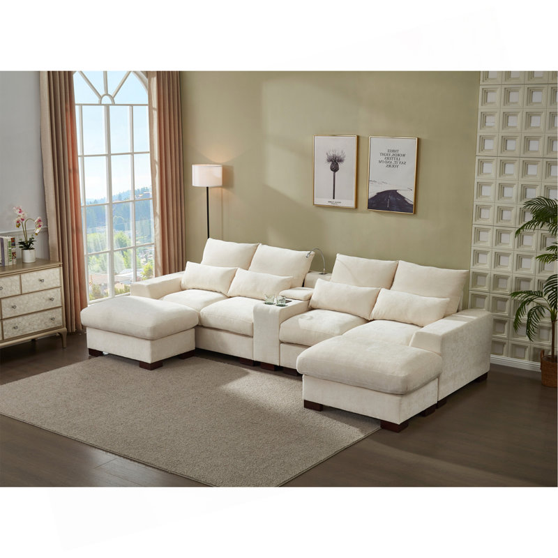 Canapé modulaire moderne avec console, port de charge USB, lampe de lecture, porte-gobelet, Beige