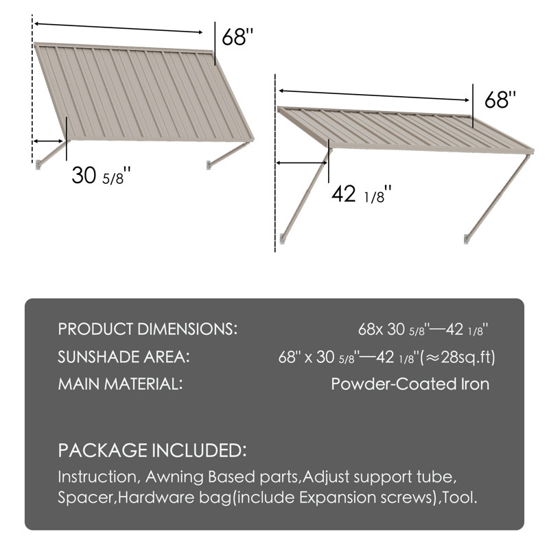 Kozyard Adjustable Door Window Awning – 4-Level Tilt, 68" W × 43 1/2" Sloped Panel, Adjustable Projection 31"–42", Aluminum Frame & Metal Canopy, All-Weather Rain, Snow & UV Protection (Khaki)