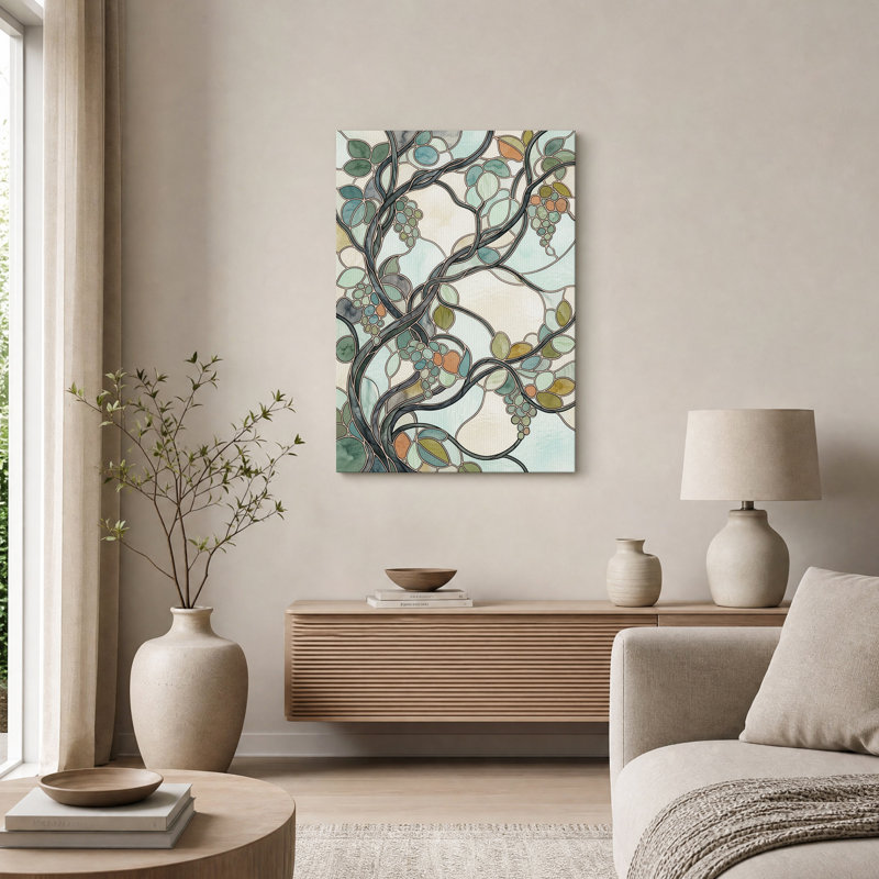 Tableau mural en vitrail turquoise et vert représentant une vigne, 40"H x 28"W