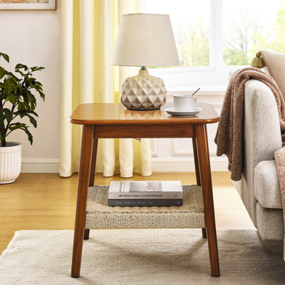 23" Small Side Table For Couch. Mid-Century With Woven Shelf. Walnut Color, Solid Wood Legs, Handmade . Hassle- Installation And Maintenance Patio Storage. Shelf Style. Walnut, Feet, Simple Clean &