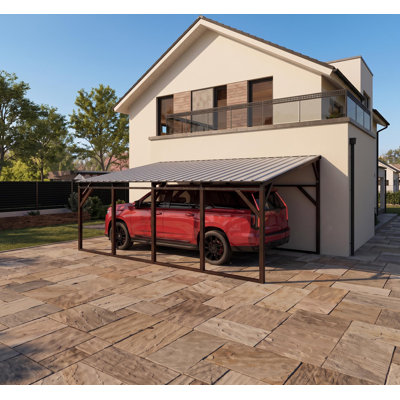 Abri de voiture en métal - Abri d'auto mural avec toit vertical, extension de garage en acier robuste de calibre 19 pour VUS, camionnette, véhicule récréatif