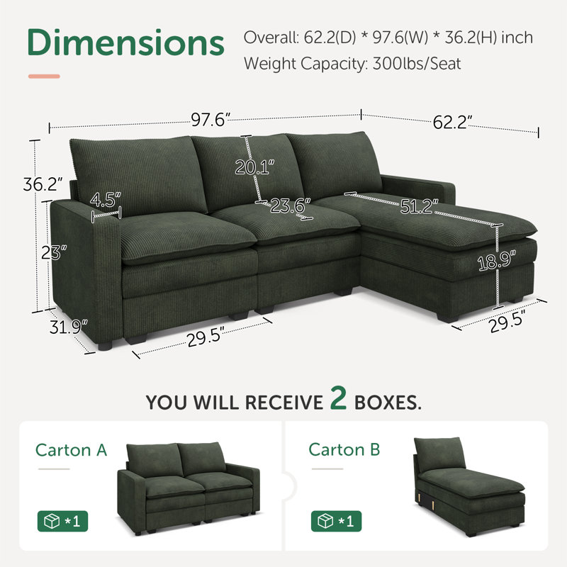 Abramson L-Shaped Corduroy Upholstered Sectional Comfy Cloud Couch, Green Corduroy