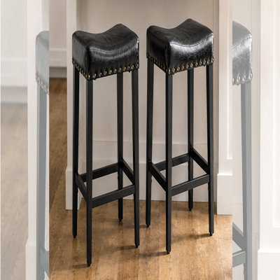 Tabouret de bar 2 pièces de 25,6 pouces de haut, sans dossier, avec siège rembourré de 4 pouces d'épaisseur, équipé d'une décoration cloutée en laiton, matériau en cuir, pieds en acier au carbone robuste de 1,6 pouce