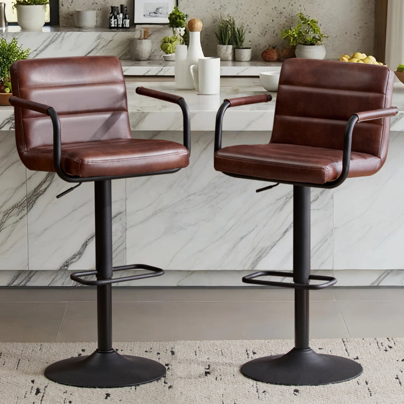  Ensemble de 2 tabourets de bar pivotants réglables modernes avec dossier haut et similicuir rembourrés, Brun-rouge