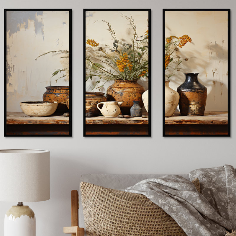 Art floral brun, poterie rétro, art mural Boho, H 28 po x l 36 po x P 1 po, Cadre flottant noir
