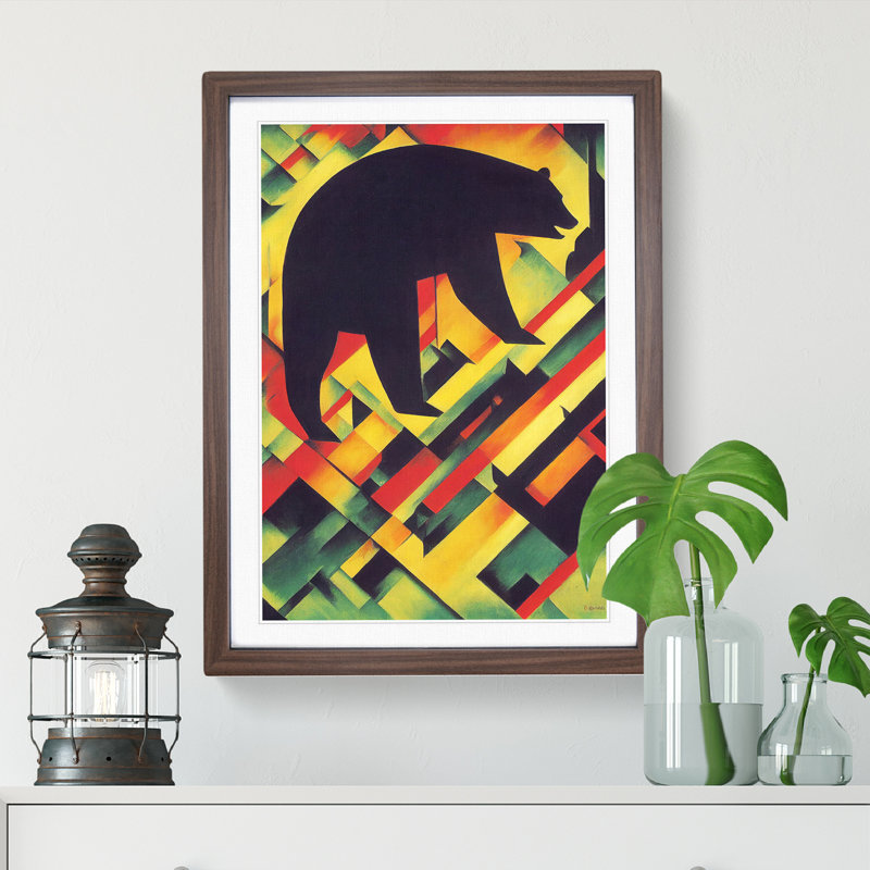 XV1022-5058X Walking Bear Abstract - Wall Art, 36cm H x 27cm W, Walnut Framed, White