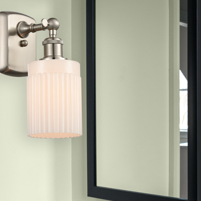 Kamena 1-Light Armed Sconce, Matte White, 6 Watt Vintage LED Bulb, Brushed Satin Nickel