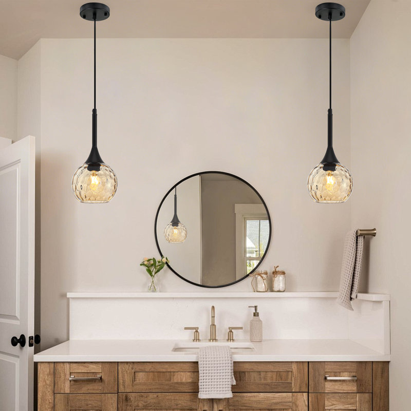 1-Light Pendant Light Fixtures Over Island With Amber Glass Shade, Amber