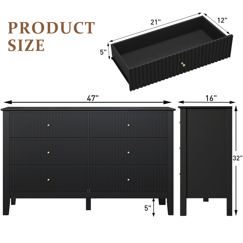 Amberrae 6 Drawer 47'' W Double Dresser, Black