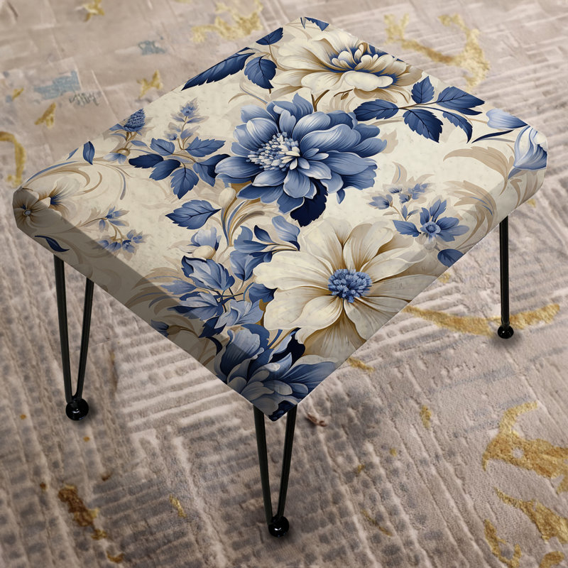 Victorien bleu et blanc fleurs damassées IV - Repose-pieds rectangulaire damassé