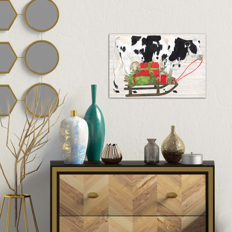 Christmas On The Farm I - Cow With Sled by Tara Reed - Wrapped Canvas Painting, 66.04 cm H x 45.72 cm W x 1.91 cm D