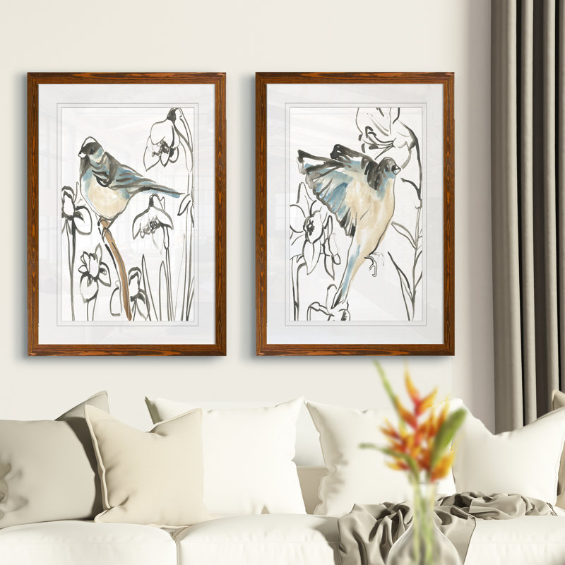 Songbird Meadow - ensemble de 2 peintures encadrées, H 24 po x l 18 po, Impression encadrée avec passe-partout, Espresso