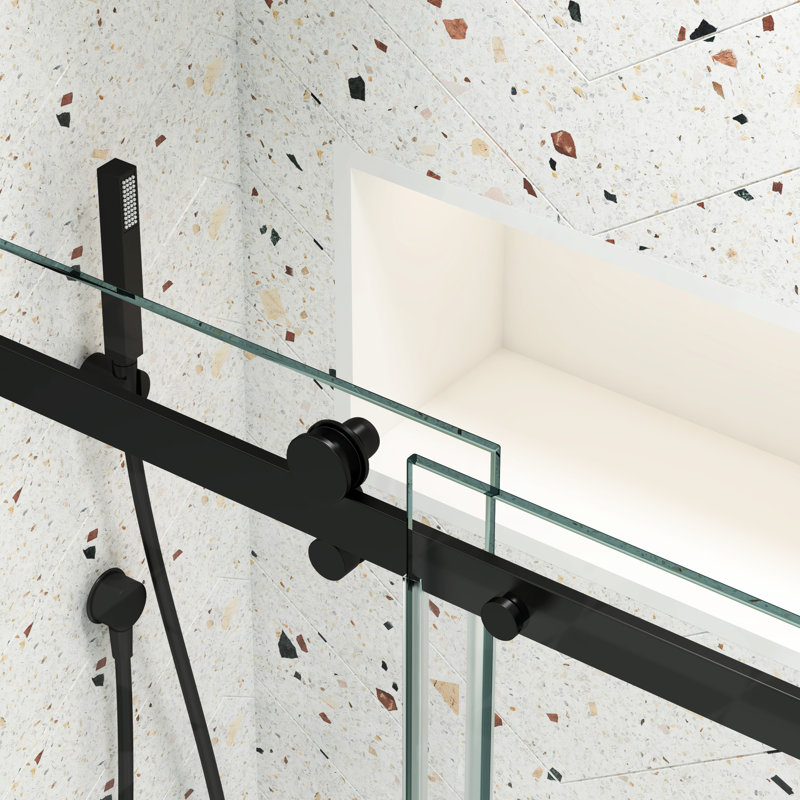 Porte de douche noire matte - verre trempé de 5/16 po, glissière murale réglable pour la salle de bain coulissante avec verre transparent et fonction de fuite