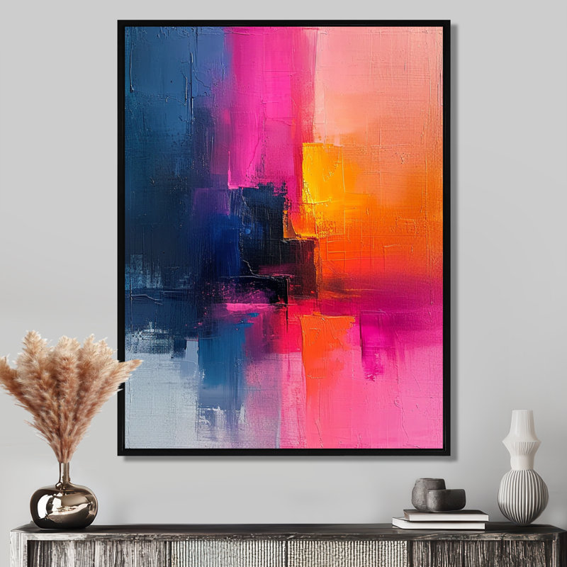 Fuchsia Sunrise - reproduction d'art abstrait mural, H 32 po x l 16 po x P 1 po, Toile avec cadre flottant noir