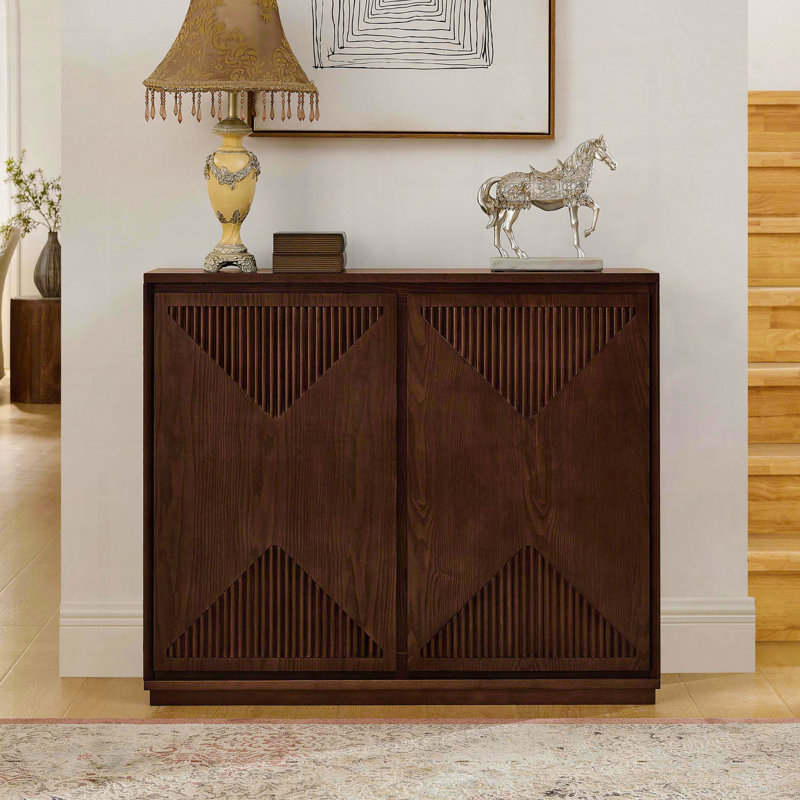 Mid Century Modern V-Shape Fluted Sideboard with Outlet Holes – Dark Walnut, Dark Walnut
