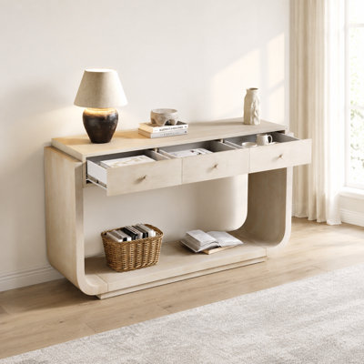 Console de style rétro avec 3 tiroirs de rangement spacieux et une tablette de présentation robuste, des pieds courbés gracieux, une finition en placage de paulownia lisse, une fabrication en panneau de fibres à densité moyenne robuste, polyvalente pour l'entrée, le couloir, le salon et le bureau