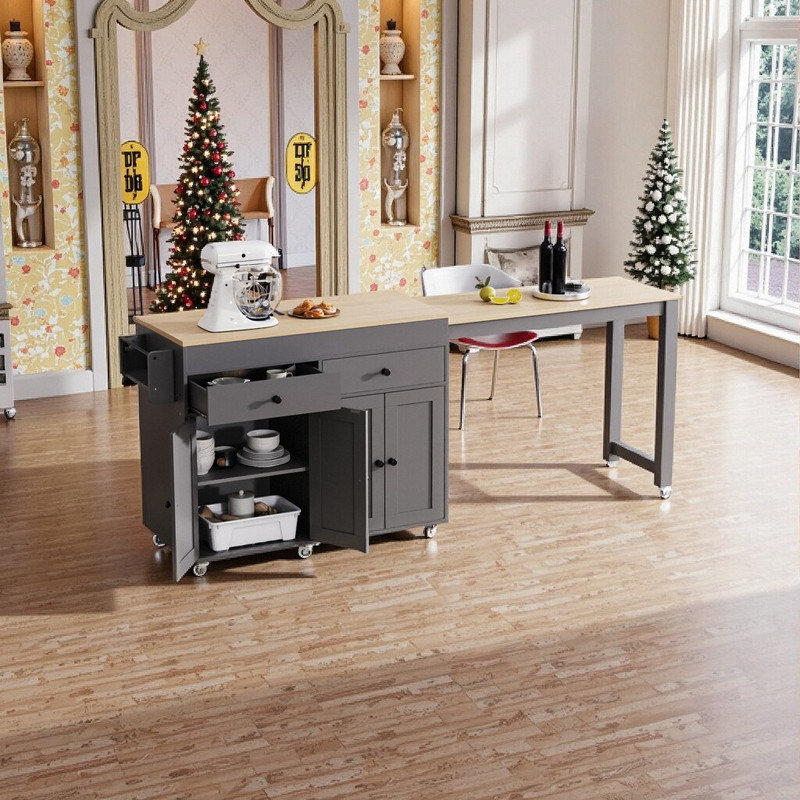 Îlot de cuisine 74,5 pouces avec table de salle à manger et chariot à roulettes sur roulettes 4 portes et 2 tiroirs