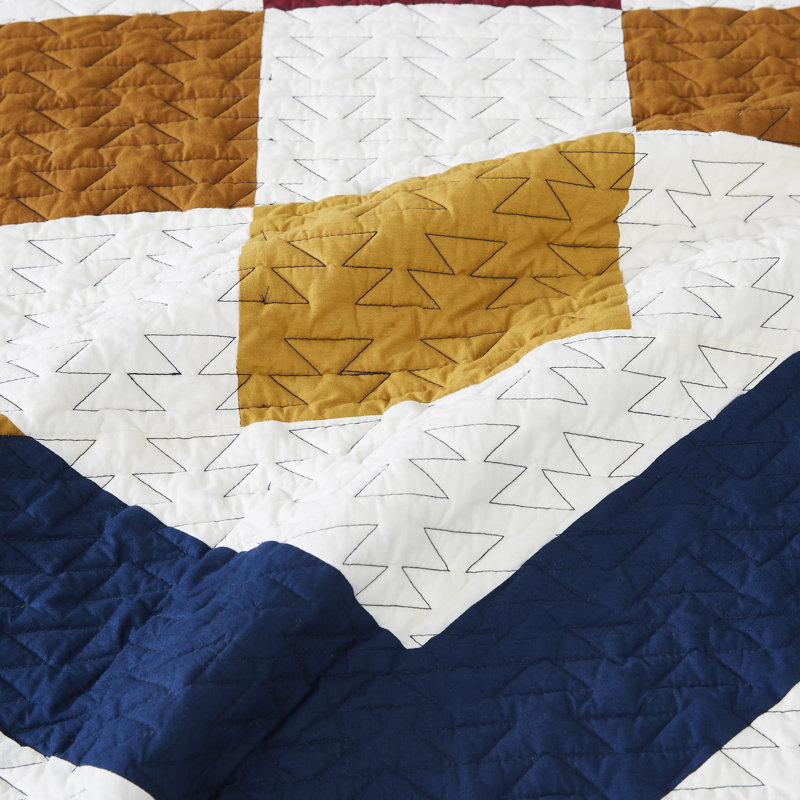 Navy Cotton Full Quilt Set with Geometric Pattern