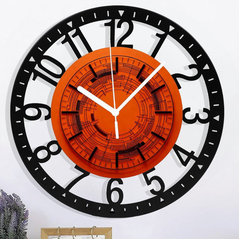 Horloge murale ronde en fer 10 po avec mouvement à quartz silencieux, chiffres arabes, impression UV, Orange
