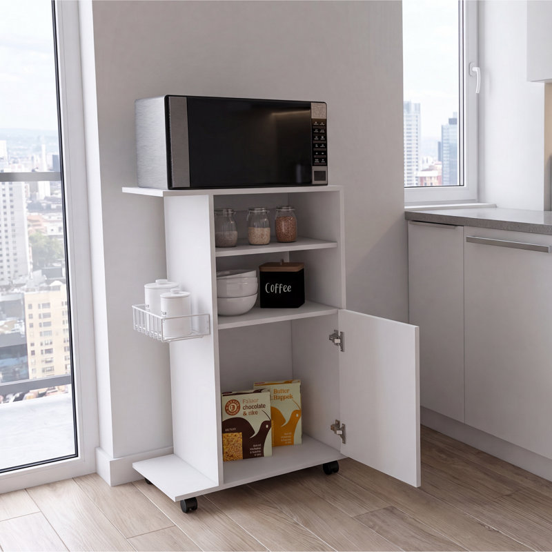 Clip Rolling Kitchen Cart with Microwave Countertop Space, Single Door Storage Cabinet and 2 Open Shelves, White