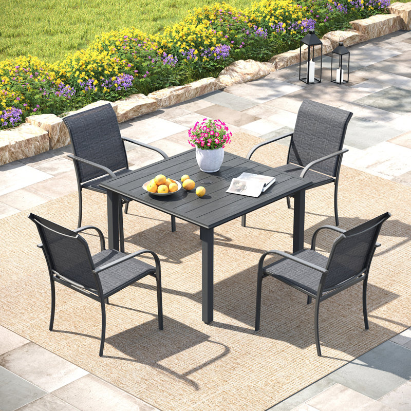 4-Person Patio Dining Set with Square Metal Dining Table and 4 Stackable PVC-coated polyester Dining Chairs, Gray/Dark Gray