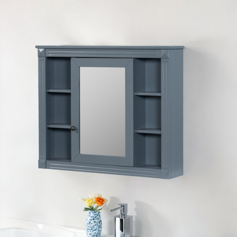 Armoire de rangement murale moderne avec miroir et 6 tablettes ouvertes, Bleu