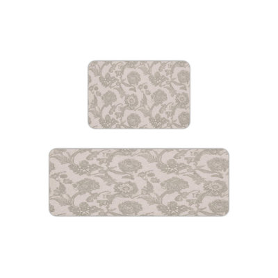 Tapis de cuisine neutre antidérapant à motif floral damassé 2 pièces