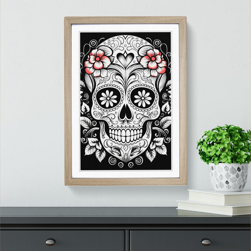 Sugar Skull Line No.2 - Single Picture Frame Print on Wood, 34cm H x 25cm W x 2cm D, Oak