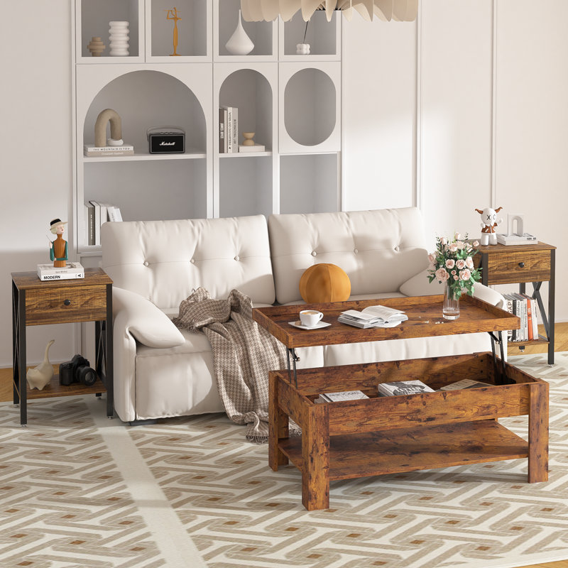 Ensemble de meubles de salon 3 pièces Berardina, table basse à plateau relevable brun moderne avec rangement caché et table de chevet, ensemble de 2 avec tiroir et tablette ouverte