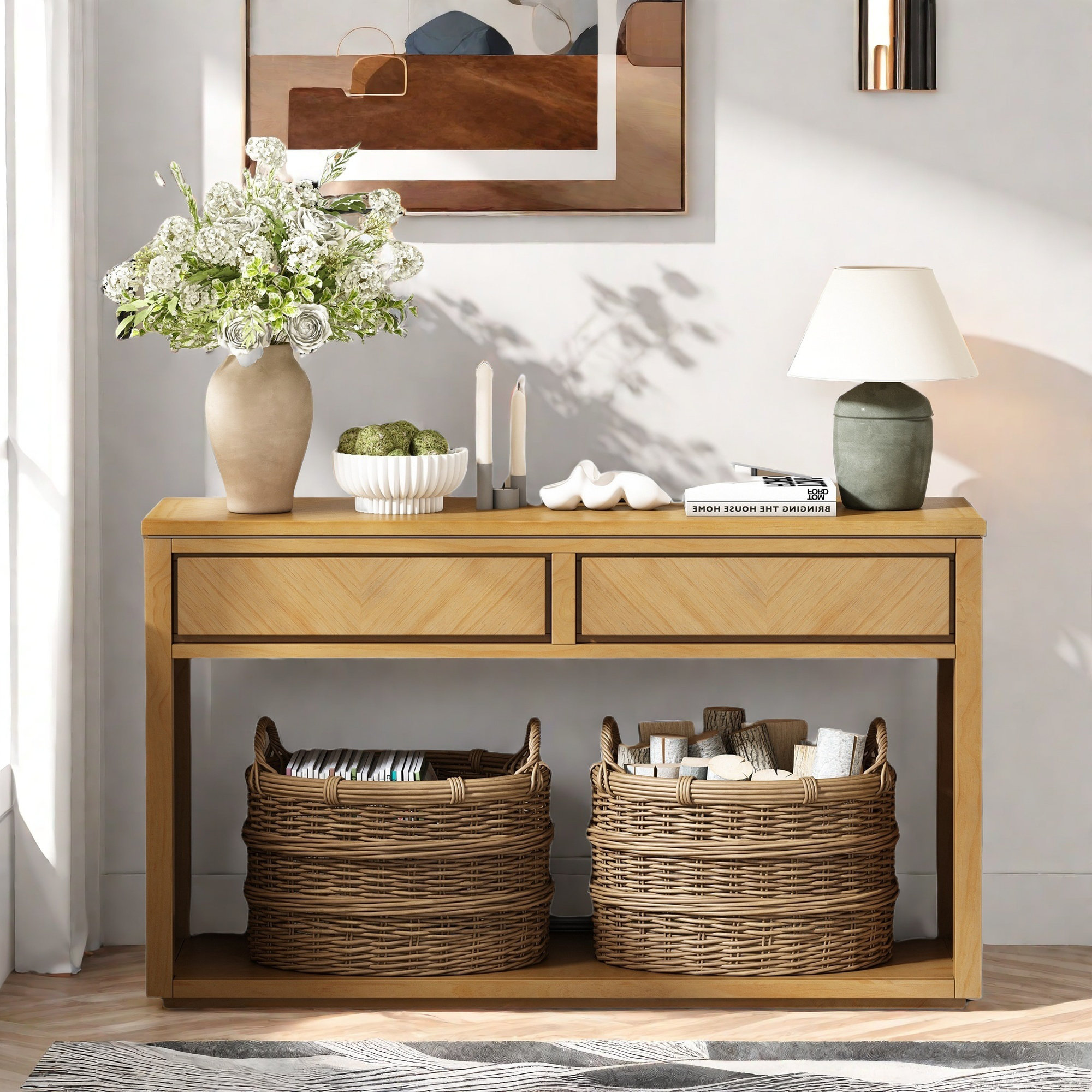 Lark Manor Rustic Wooden Console Table With 2 Drawers, Open Shelf And ...