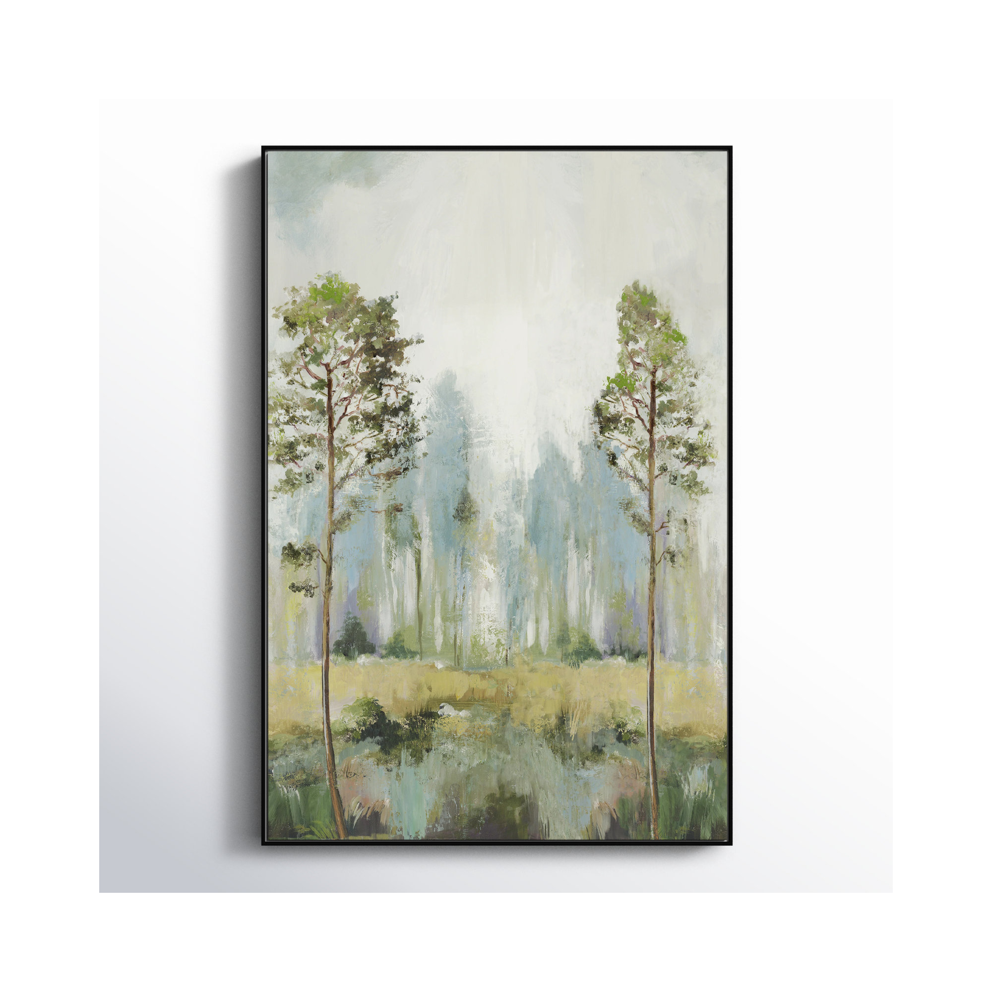 Tall Green Trees II by Teton Pearce - Floater Frame Print on Canvas, 61.5" H x 41.5" W, Black