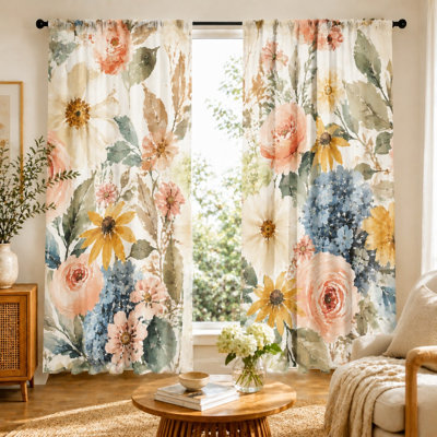 2Pcs Watercolor Floral Print Curtains with Roses and Hydrangeas, Vintage Botanical Style, Bohemian Theme, Decorative Window Treatment, Ideal for Living Room, Bedroom, Kitchen, Farmhouse Decor, Rod Pocket Hanging, Light Filtering Fabric