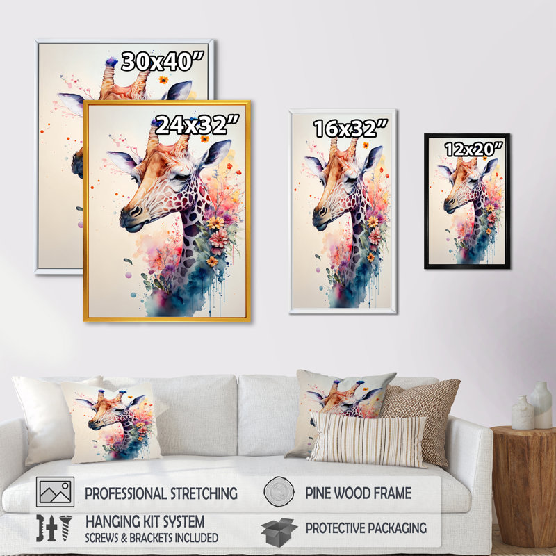 «Cute Giraffe Floral Art II», peinture sur toile, H 20 po x l 12 po x P 1 po, Toile avec cadre flottant or