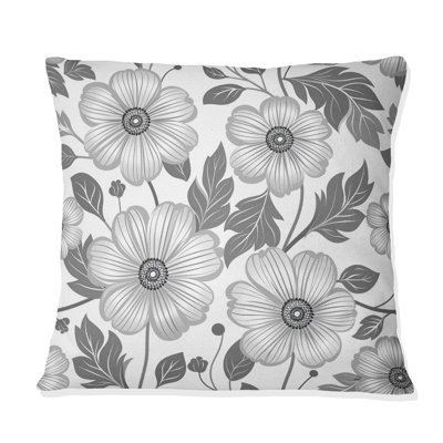 Grey White Floral Blooms I - Transitional Throw Pillow