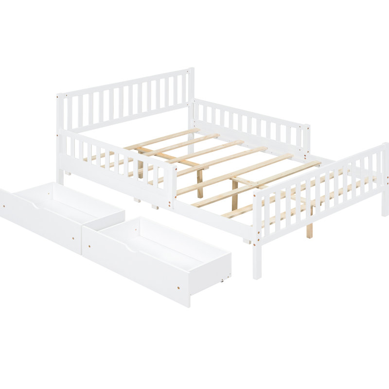 Lit plateforme en bois blanc avec garde-corps et rangement pour les lits doubles, Full, White