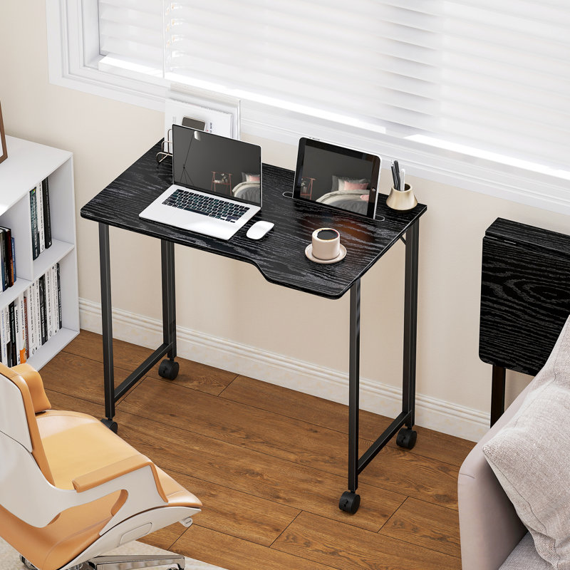 HOMCOM Small Folding Desk on Wheels for Small Space 80, Black/Black