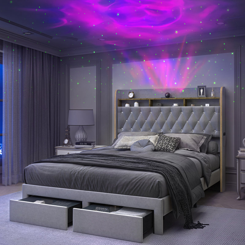 Wingback Upholstered Bed Frame with Galaxy Star Projector Speaker USB, Drawers and Storage Headboard, Gray, Full