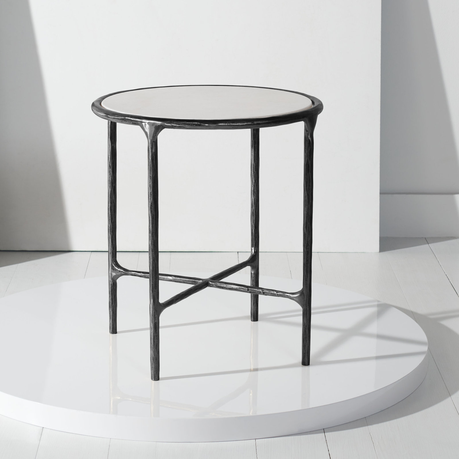 Evelynn Glass Cross Legs End Table, White Marble, Black