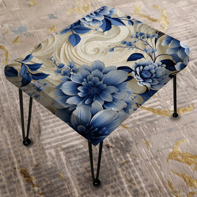 Romantic Cobalt Blue Swirls Victorian Pattern IV - Floral Rectangle Ottoman by Design Art