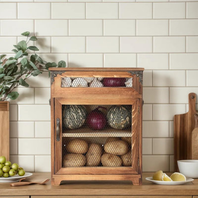 Mini Potato And Onion Storage Bin - Wooden Storage Box For Kitchen Countertops, Vegetable Storage Bins, 12.2" W X 6.5" D X 16" H (Rustic Colour)